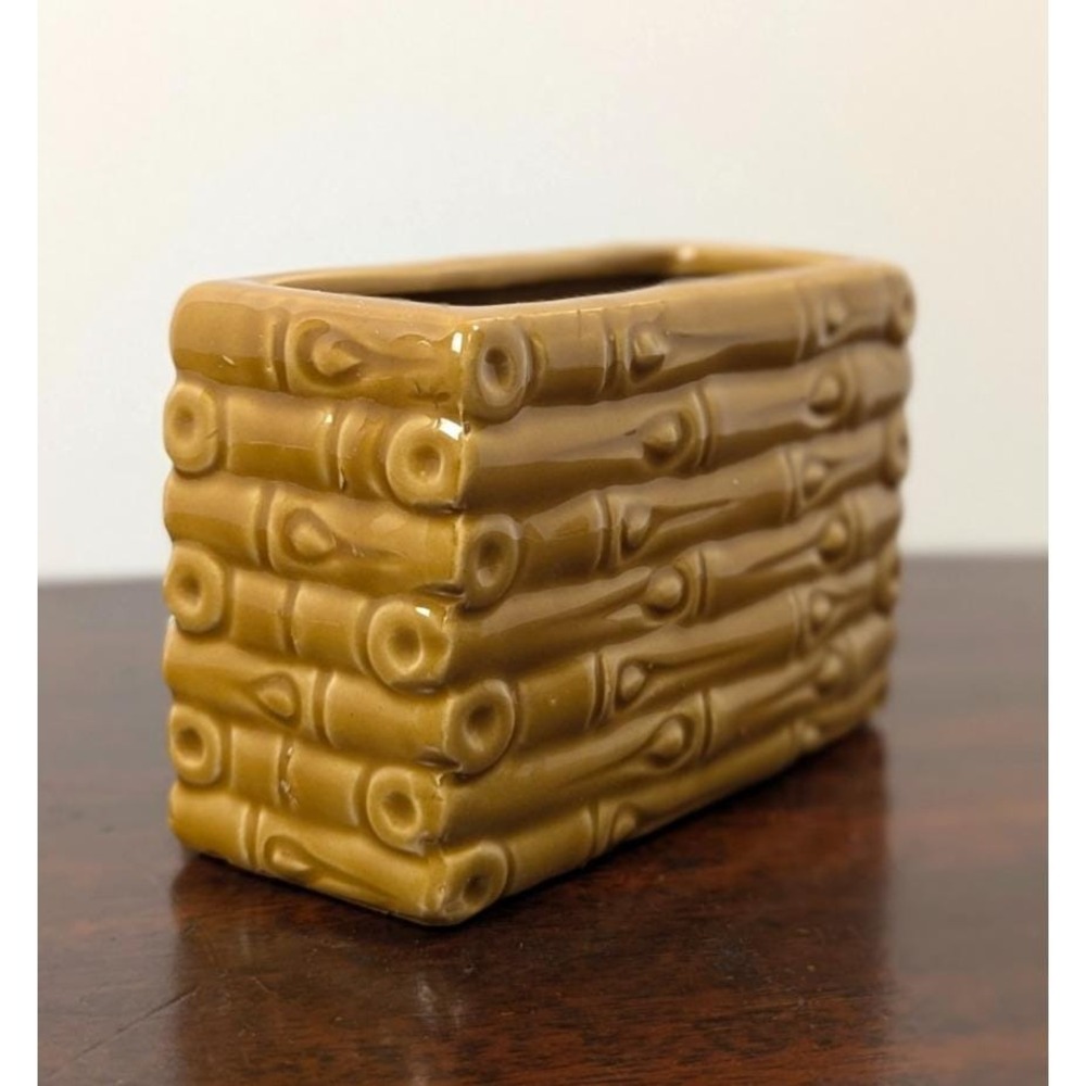 Vintage Ceramic Elephant Bamboo Planter Cachepot Rectangular Green Brown Mid Cen - Picture 3 of 8